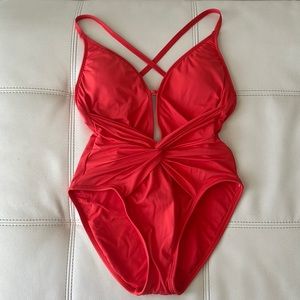 LA BLANCA one piece orange Red criss cross swimsuit size 6. Excellent condition